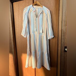 Soft Surroundings (Size XL) Laguna Crinkle Gauze Stripe Tiered Midi Boho Dress